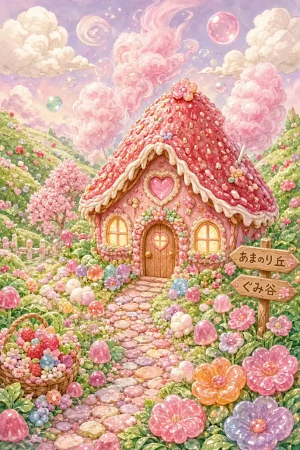 Anime Style image example: Fairytale Gummy Candy Strawberry Cottage Illustration