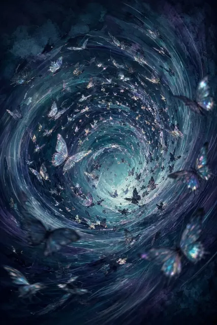 Dark Mood image example: Ethereal Indigo Butterfly Swarm Illustration
