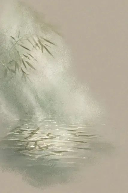 healing aesthetic image example: Minimalist Ethereal Bamboo Leaf Reflection Illustration