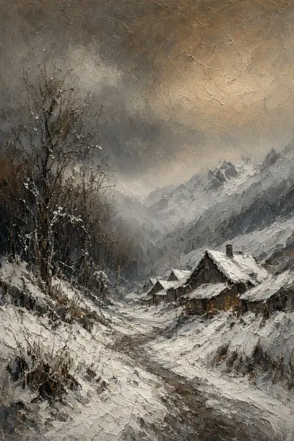 Impasto Palette Knife Winter Snow Village Oil Painting