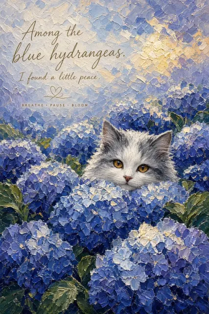 Impasto Oil Painting of Cat in Blue Hydrangea Sea