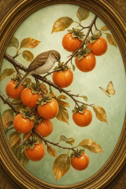 Realistic Oil Painting of Persimmons and Bird in Round Frame