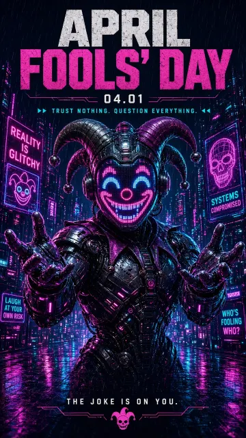 April Fools Day image example: Cyberpunk 3D Mechanical Joker April Fools Poster