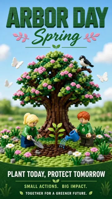 Miniature Photography image example: Toy Brick Miniature Arbor Day Poster
