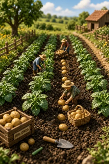 Panoramic Wide Shot image example: 3D Miniature Potato Farmland Harvest Diorama