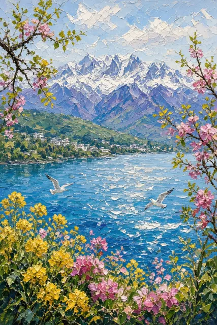 Oil Painting image example: Impasto Impressionist Cangshan Mountain and Erhai Lake Shore