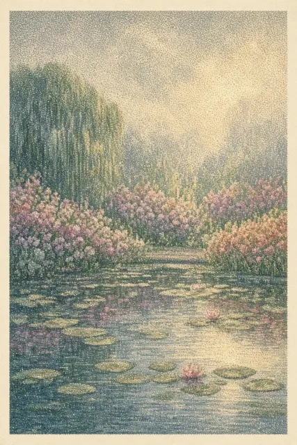 Dreamy & Ethereal image example: Halftone Pointillism Monet Garden Art Poster