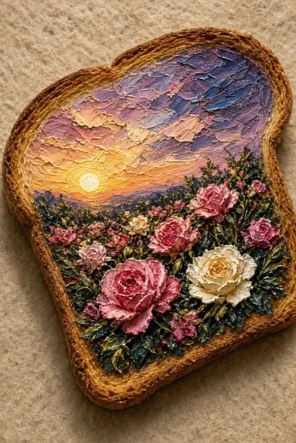Impasto Painting image example: Impasto Oil Painting of Sunset Roses on Toast