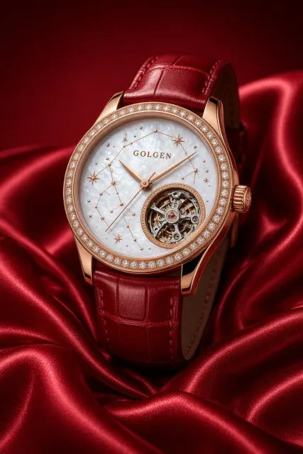 Luxury Women's Mechanical Watch with Red Alligator Strap
