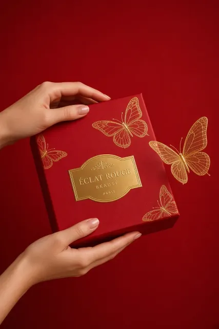 Overhead Angle image example: Luxury Crimson Cosmetic Gift Box with Golden Butterfly Poster