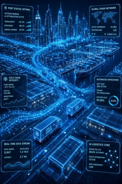 panoramic image example: Luminous Digital Wireframe Smart Port Logistics