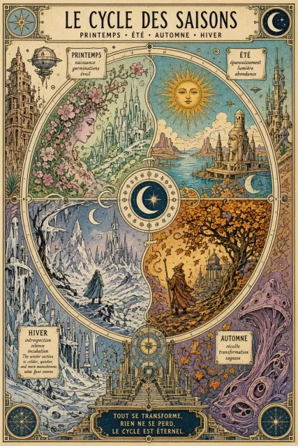Sci-Fi Fantasy image example: Moebius Style Four Seasons Maximalist Illustration
