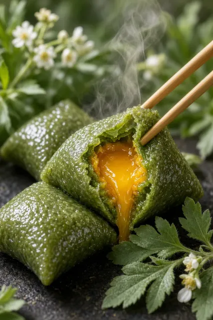 Gourmet image example: Hyperrealistic Qingming Green Dumpling Food Photography