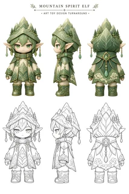 Line Art image example: Forest Mountain Elf IP Toy Model Sheet