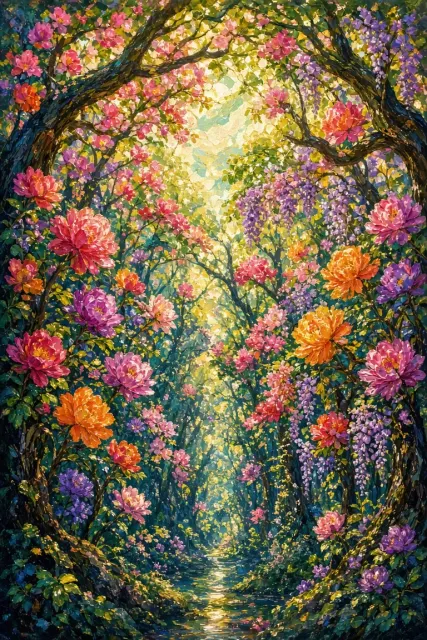 Symmetrical image example: Impressionist Wide-Angle Blooming Primeval Forest