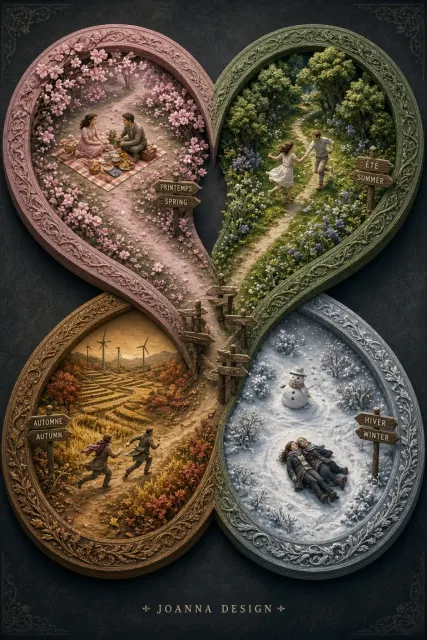 Overhead Shot image example: Infinity Four Seasons Cycle Moebius Style Illustration