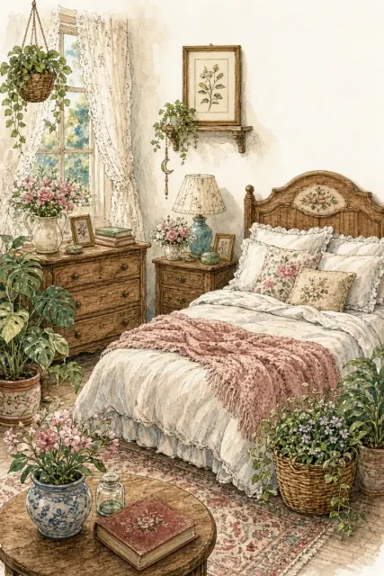 Whimsical Watercolor Storybook Cozy Bedroom Illustration