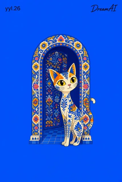 Floral Pattern image example: Klein Blue Minimalist Floral Door with Elongated Cat Poster