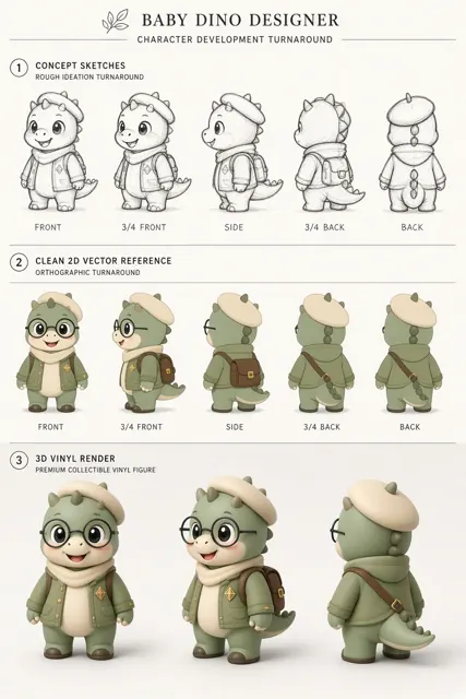 Chibi Character image example: Designer Vinyl Dinosaur Toy Character Turnaround Sheet