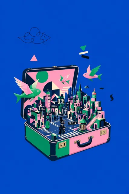 negative space image example: Surreal Suitcase Miniature City Illustration