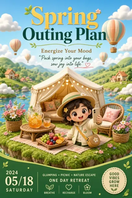 Gourmet Food image example: 3D Cartoon Spring Camping Scene Poster