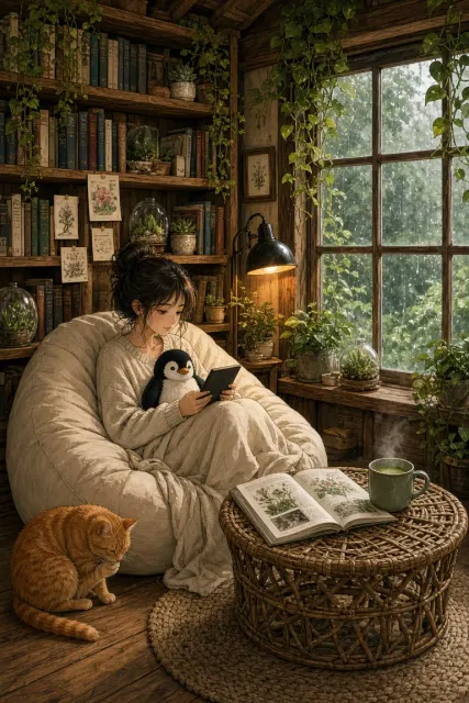 Cozy Anime Pastoral Cabin Rainy Interior