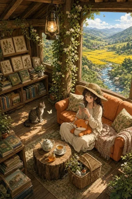 Cozy Anime Mountain Cabin Interior Illustration