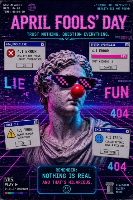 Pixel Art image example: Vaporwave Glitch Art Cyber April Fools' Day Poster
