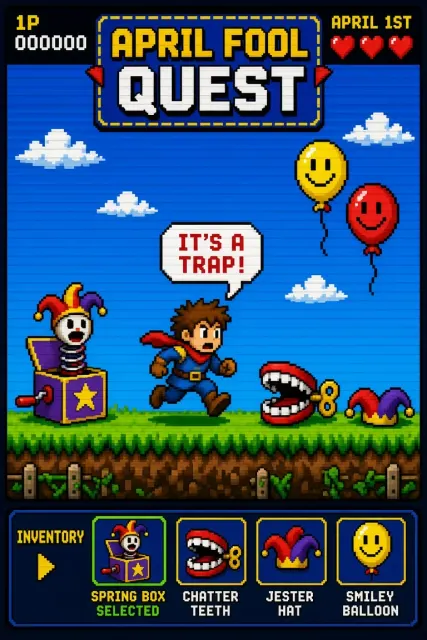 Pixel Art image example: 8-Bit Retro Pixel Art April Fools' Day Poster