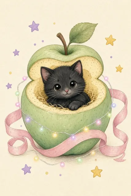 Whimsical Hollow Apple Kitten Storybook Art