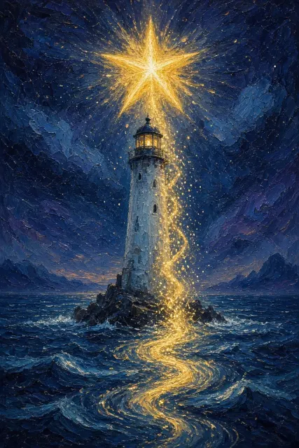 Painterly Star Lighthouse Night Sea Illustration