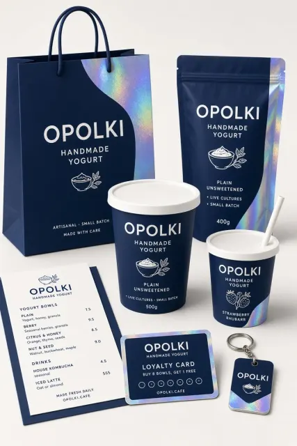 Branding Mockup image example: Minimalist Holographic Handmade Yogurt Branding Mockup