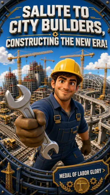 Cartoon Chibi image example: 3D Skeuomorphic Cartoon Construction Worker Poster