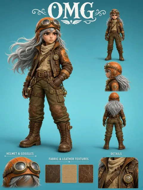 Retro image example: Stylized 3D Steampunk Aviator Girl Character Design
