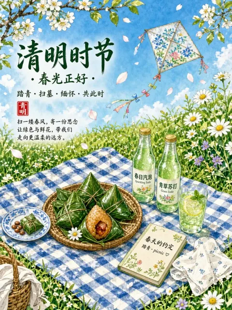 Spring Picnic and Sweet Green Dumplings Illustration Poster