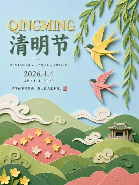 Modern 3D Paper Cut Collage Qingming Poster