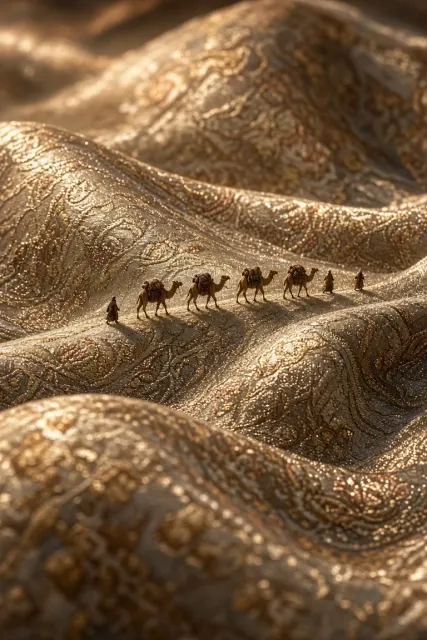 Macro Close-Up image example: Tilt-Shift Silk Jacquard Camel Caravan Diorama