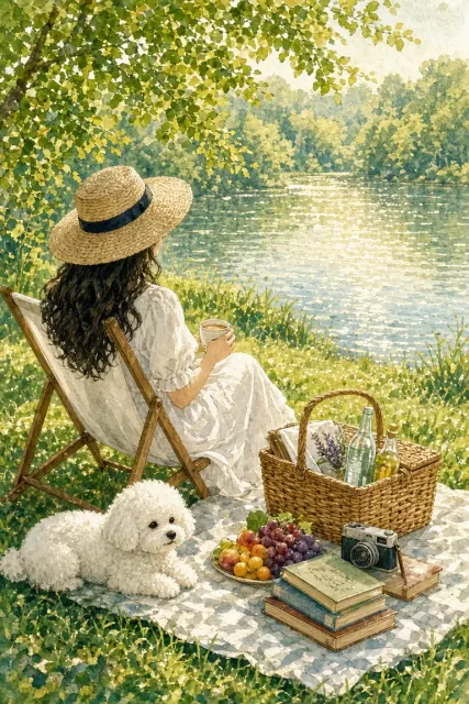 Pointillist Watercolor Lakeside Afternoon Leisure
