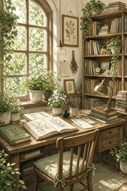 Interior Architecture image example: Intricate Ink and Watercolor Study Room Illustration