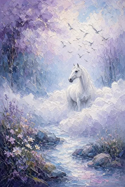 Dreamy & Ethereal image example: Romantic Impasto Surreal Forest White Horse Oil Painting