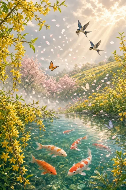 Poetic Springtime Sakura, Swallows, and Koi Illustration