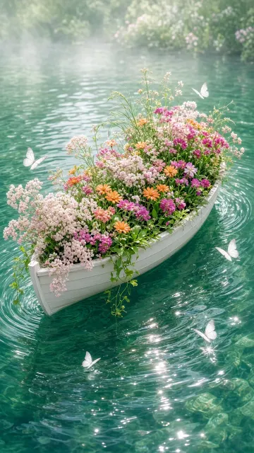 Silhouettes image example: Dreamy Floral Boat on Serene Emerald Lake