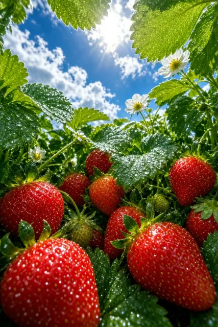Abstract Patterns image example: Low-Angle Panoramic Close-Up of Fresh Strawberries