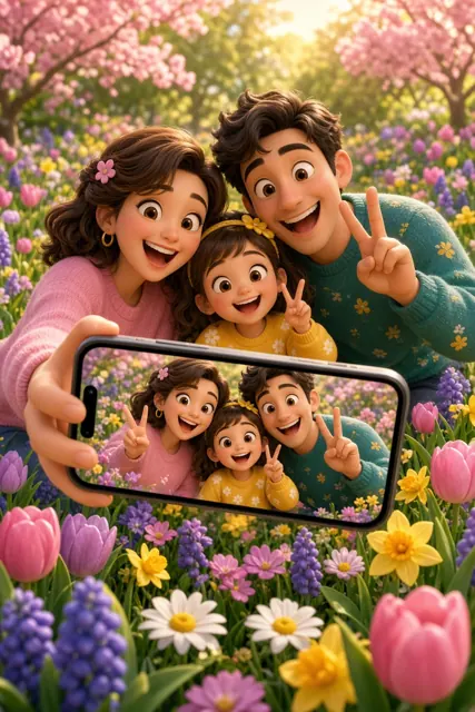 3D Cartoon Family Spring Floral Selfie