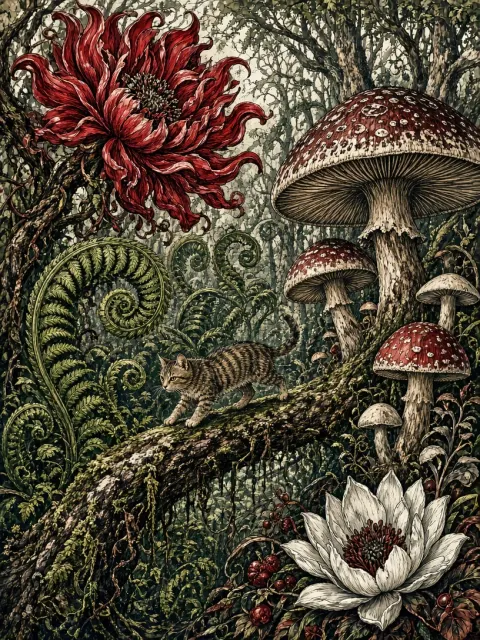 Whimsical Art image example: Enchanted Forest Tabby Cat Colored Pen Illustration