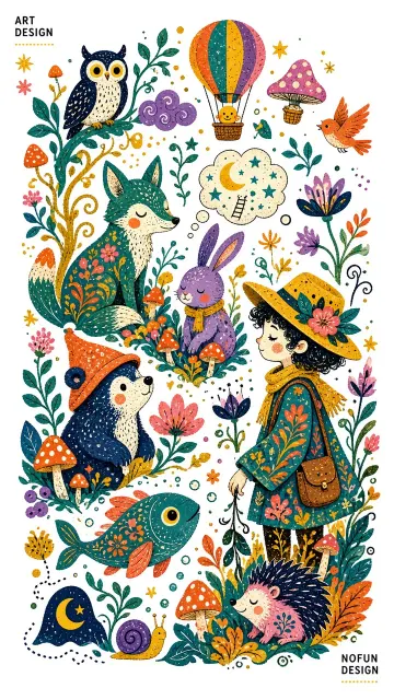 Human Figure image example: Dreamy Forest Animals Doodle Art Illustration