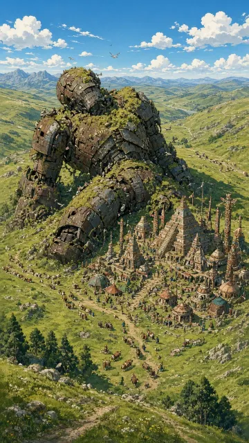 Hard Light High Contrast image example: Ghibli-Inspired Giant Mecha Ruin Fantasy Landscape