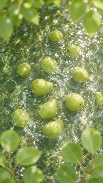 Top Down Fresh Pears in Flowing Stream