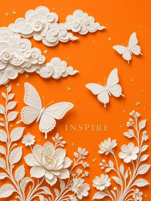 Fauna image example: White Paper Art Butterflies on Orange Background