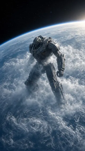 Outer Space image example: Colossal Mech Striding Across Earth from Space